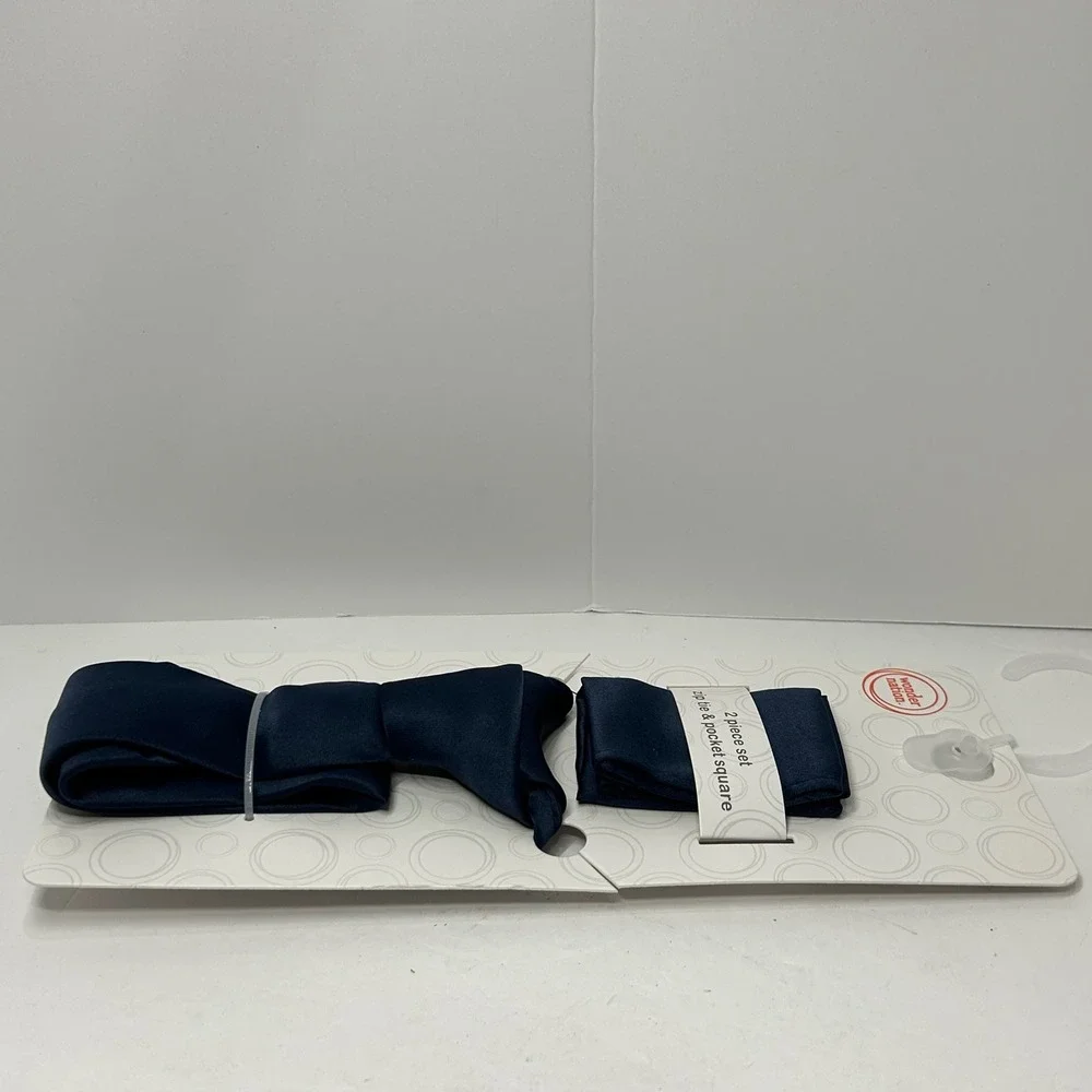 Wonder Nation Boys Navy Blue Zip Tie and Pocket Square 2 Piece Set‎ NEW Dress